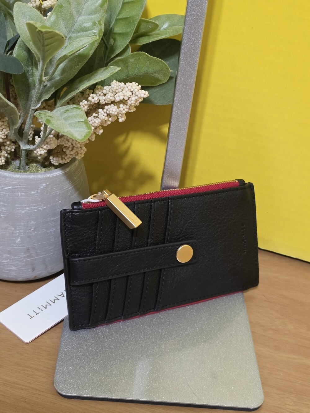 Hammitt Black Leather Card Holder Wallet with Gold Accent